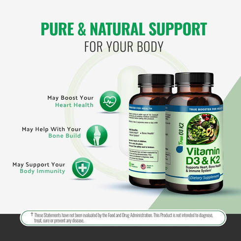 True Booster for Health Vitamin D3 & K2 Capsules - 125mcg D3 (5000 IU) & 90mcg K2 - Heart, Bone, and Immune Support - 120 Vegetarian Capsules - Ea...
