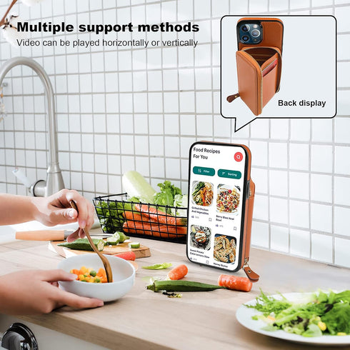 Bocasal RFID Blocking Wallet Case for iPhone 13 Pro Max, Adjustable Crossbody Zipper Purse with Kickstand and Detachable Wrist Strap, PU Leather F...