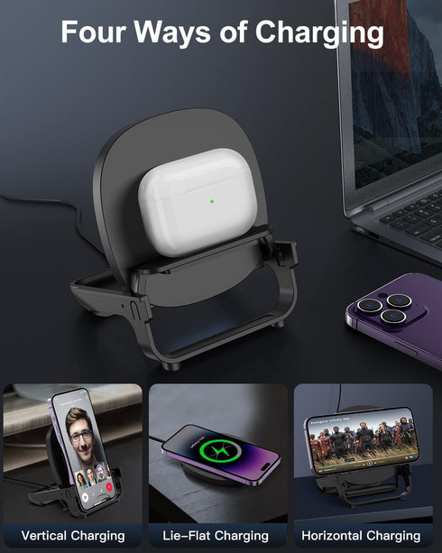Wireless Charger, 15W Fast Wireless Charging Station with Pad and Stand Qi-Certified for iPhone 15/14/13/12 Pro Max, Magsafe Charger Galaxy S22 S2...