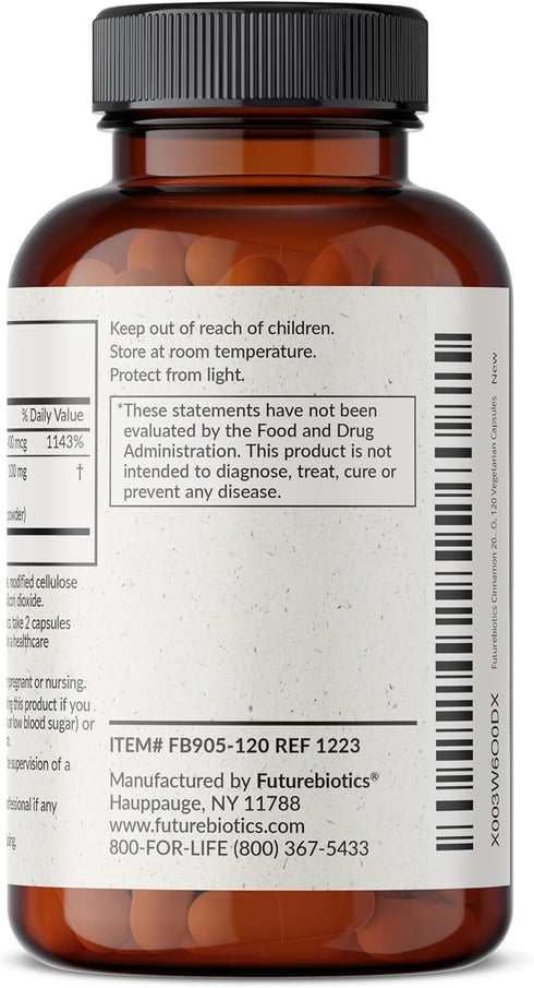 Futurebiotics Cinnamon Plus Chromium Picolinate Supplement, High Potency Chromium, Non-GMO, 120 Vegetarian Capsules...