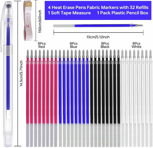 4 Heat Erase Pens Fabric Markers with 32 Refills, 1 Soft Tape Measure,1 Pack Plastic Pencil Box, Fabric markers are suitable forquilting supplies,...