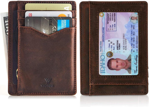 Thin Front Pocket Wallet for Men and Women, RFID Blocking Card Holder, Made of Finest Genuine Leather (Brown)...