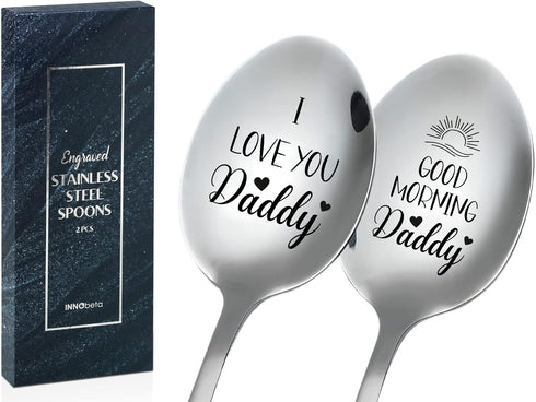 Good Morning Dad Spoon, 2 Pcs Stainless Steel Coffee/Ice Cream Spoons, Gifts for Dad on Birthday/Christmas/Thanksgiving, Gift Ready Package...