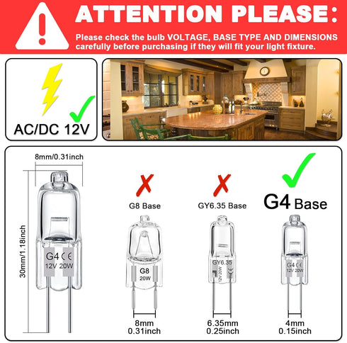 TAIYALOO G4 Bulb 12 Pack Crystal Clear Halogen Light Bulb 2 Pin 12V 20W JC T3 Bi-Pin G4 Base Dimmable 2700K Warm White 2 Prong Light Bulb for Unde...