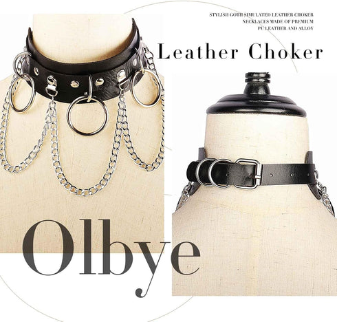 Olbye Circle Leather Choker Necklace Black Studded Rock Punk Collar Necklace PU Gothic Short Necklace Adjustable Link Necklace Jewelry for Women...
