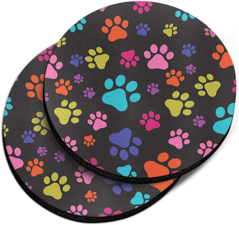 , Multicolor Paws Dog Design Absorbent ROUND Fabric Felt Neoprene Car Coasters for Drinks, 2pcs Set...