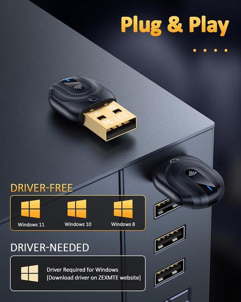 ZEXMTE 5.1 USB Bluetooth Adapter for PC, Bluetooth Dongle for PC, 50M/164FT Long Range Bluetooth Adapter Stable Signal, with FPC Antenna, Windows ...