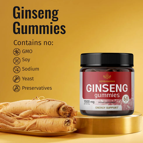 HERBAMAMA Korean Red Panax Ginseng Gummies - Energy & Immunity Support Herbal Ginseng Supplement Vitamin - Vegan Ginseng Gummies - 1500 mg 60 Chew...