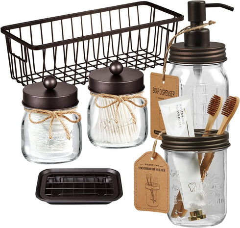 SheeChung 6Pcs Mason Jars Bathroom Accessories Set Complete - Toothbrush Holder, Lotion Soap Dispenser, 2 Mason Jars, Soap Dish, Toilet Paper Bask...