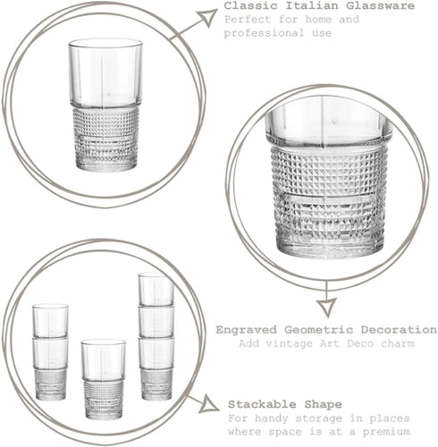 Bormioli Rocco Bartender Novecento Stackable 13.75 oz. Hi-Ball Drinking Glass for Mixed Cocktails, Clear, Set of 4...