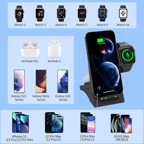 4-in-1 Wireless Charger for Multiple Devices with Night Lamp, Wirelsss Charger Station for iPhone 14/14 Pro/13/13 Pro/12/12Pro Max/11 Series/XS Ma...