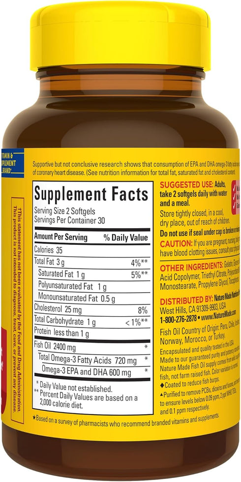 Nature Made Burp Less Fish Oil 1200 mg, Fish Oil Supplements, Omega 3 Fish Oil for Healthy Heart Support, Omega 3 Supplement with 60 Softgels, 30 ...