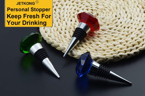 JETKONG 3 Pcs Wine Beverage Bottle Stoppers Reusable Diamond Plug Wine Corks Crystal Wine Stopper (Red Blue Green)...
