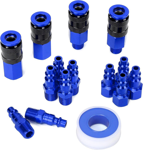 15 Pieces 1/4" NPT Aluminum Air Coupler and Plug Kit, Quick Connect Air Fittings, Industrial Quick Connector Set (Blue)...