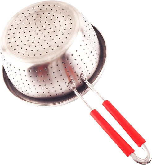 Stainless Steel Perforated Metal Colander Strainer with Long Red Handle Sieve Sifters Use for Kitchen Food Pasta Noodles Spaghetti Vegetables Silv...