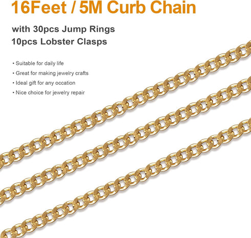 Kyutong 16.4 Feet Gold Plated Craft Chains for Jewelry Making Stainless Steel Curb Chain Roll Twisted Chain Links for Women Men Necklace Bracelet ...