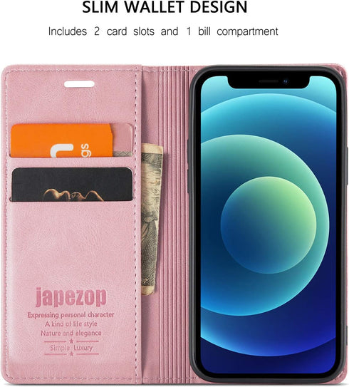japezop iPhone 12 Mini Flip Case, Pink Leather, RFID Blocking, Card Holder, Slim Fit, Wireless Charging Compatible, 5.4 Inch...