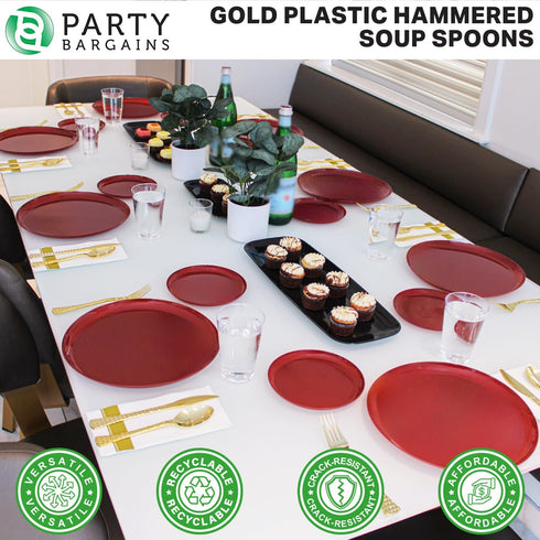 Party Bargains Disposable Hammered Cutlery Soup Spoons, 40 Count, Gold, Heavy Duty Plastic Flatware Cutlery Utensils, Excellent for Weddings, Birt...
