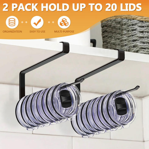 Tumbler Lid Organizer 2 Pack Tumbler Lid Storage Hook Up to 20 Lids, Space Saving Cup Lid Holders Under Cabinet Tumbler Lid Hanger for Kitchen Sto...