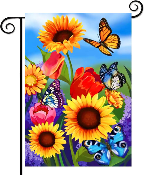 spring garden Flag 12x18 Double Sided Vertical, Small monarch Butterfly Floral Flower Welcome Garden Yard House Flags Outside Outdoor House sunflo...