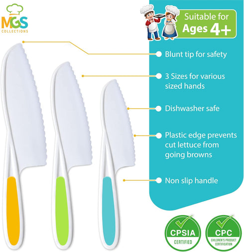 MGS Kids Knife Set of 3 for Cooking and Cutting Cakes, Fruits and Veggies Perfectly Safe for Kids Toddler Knife Set for Real Cooking...