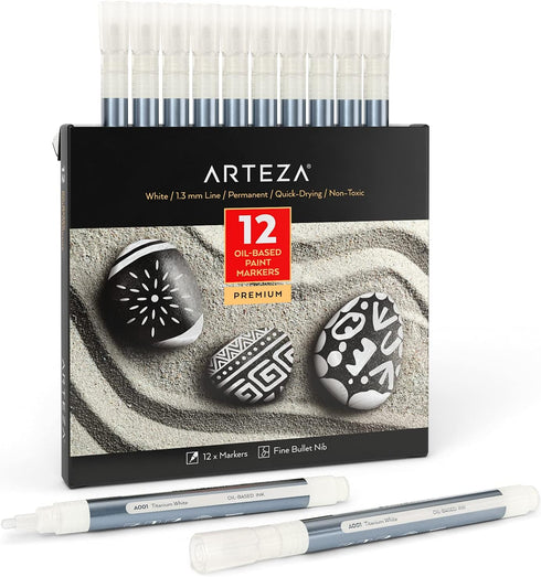 ARTEZA Oil Based Paint Markers, 12-Pack, White, 1.3 mm Line, Permanent Pens, Waterproof Craft and Art Supplies for Stone, Wood, Glass, Metal, Canv...