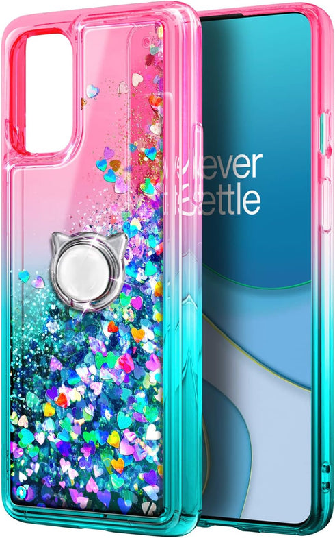 NZND OnePlus Nord N200 5G Case with Tempered Glass Screen Protector (Maximum Coverage), Ring Holder/Wrist Strap, Sparkle Glitter Flowing Liquid Wo...