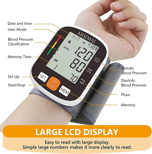 Automatic Wrist Blood Pressure Monitor: Adjustable Cuff + 2AAA Battery and Storage Case - Irregular Heartbeat Detector & 198 Readings Memory Funct...