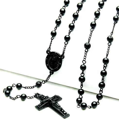 metaltree98 2 PCS Rosary 6 mm Black Bead Guadalupe & Jesus Cross 28" Necklace HR 600 BK...
