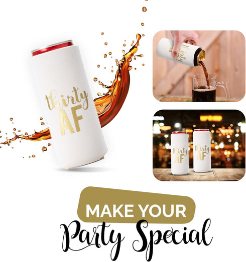 Thirty AF Can Coolers, 30th Birthday Party Coolies, Set of 12, White and Gold Dirty 30 Birthday Decoration for Her, Perfect Dirty Thirty Decoratio...