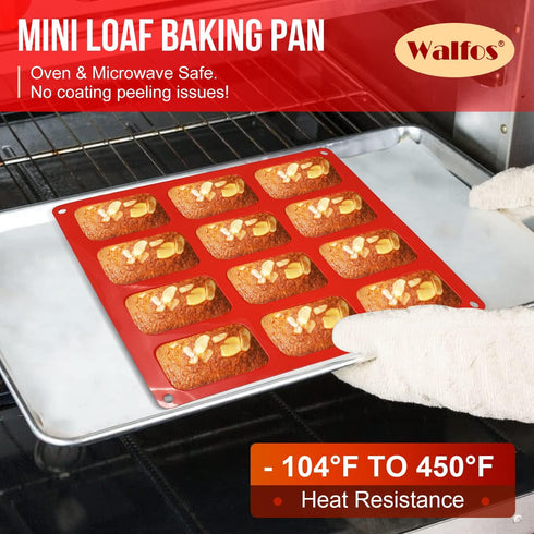 Walfos Silicone Mini Loaf pan, 12 Cavities Mini Bread Pan Brownie Pan, Food Grade & Non-stick, Ideal For Mini Bread, Brownie, Cornbread, Cheesecak...