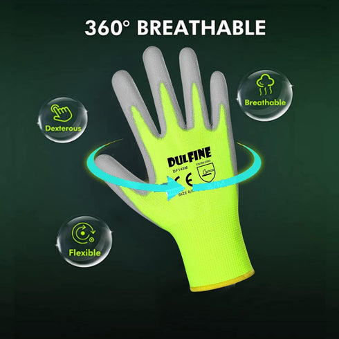DULFINE Safety Work Gloves for Men PU Coated 12 Pairs Bulk Pack,Hi-Vis Yellow Seamless Knit Glove with thin Polyurethane Coated Smooth Grip on Pal...