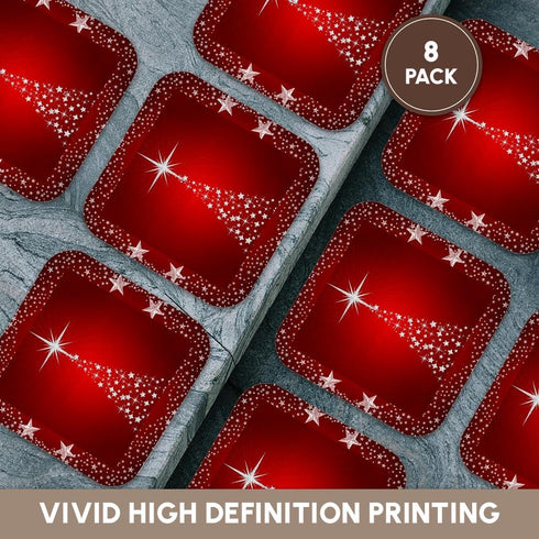 3dRose Silver Star Christmas Tree with Holiday Red Background - Soft Coasters, Set of 8 (CST_164753_2)...