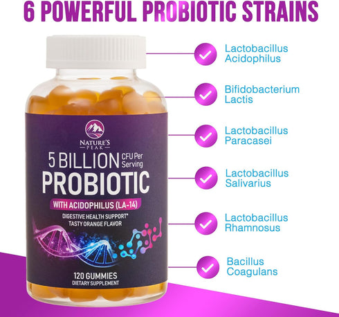 Nature’s Acidophilus Probiotics for Women & Men Gummies, 5 Billion CFU, 6 Strains, Daily Probiotic Supplement Gummy to Support Digestive Health, N...