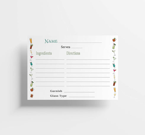 Cocktail Recipe Cards, 4x6 Inches, 50 Fill-in-the-Blank Cards for Recipe Box (Watercolor Border)...