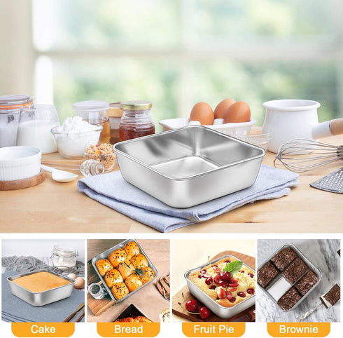 P&P CHEF Square Baking Cake Pans, Small Stainless Steel Lasagna Brownie Pan For Birthday Cake Bread Pie, Non-toxic & Durable, Smooth Rim & Leakpro...