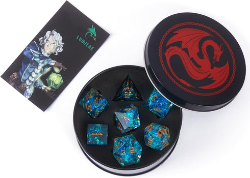 Sharp Edge DND Dice Set Metal Gift Box for Dungeons and Dragons TTRPG, Multi-Sided RPG Resin Roleplaying Games (Transparent Blue with Metallic Foi...