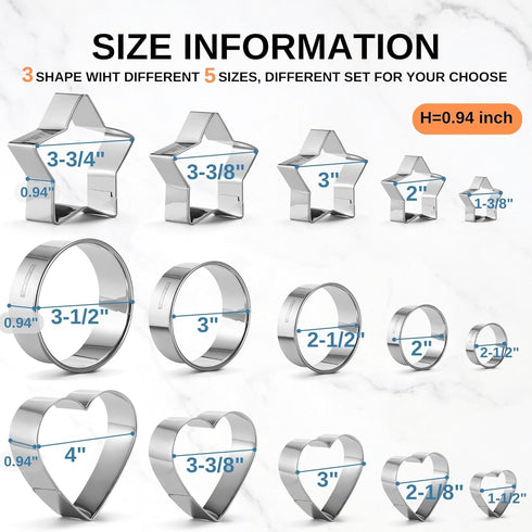 15 PCS Cookie Cutters Set, Biscuit Cutter, Cookie Cutter for Baking, Dough Cutter, Stainless Steel Stamps of Round, Heart, Star for Out Pastry Dou...