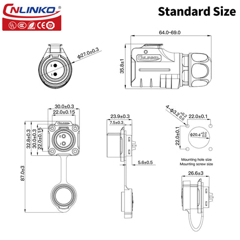 CNLINKO LP20 Series Waterproof Connector, IP68 Fast Locking Connect, 20A 500V 2pin m20 Male and Female LED Outdoor Power Connector (2 pin)...