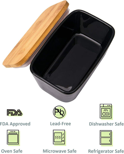 Butter Dish with Lid, Porcelain Keeper with Wood Lid Cover for Butter, Microwave Safe Easy Clean Butter Storage Container for Countertop and Refri...