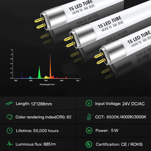 T5 LED Bulbs 12 inch, G5 5W 685lm 6500K, F8T5/DL LED Replacement without Rewiring, Daylight White, Pack of 1...