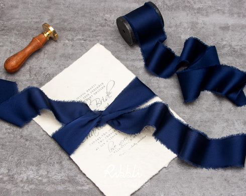 Ribbli Navy Blue Silk Satin Ribbon 1.5 Inch x 30 Yard Handmade Frayed Chiffon Navy Ribbon for Gift Wrapping Wedding Invitations Bridal Bouquets Ho...