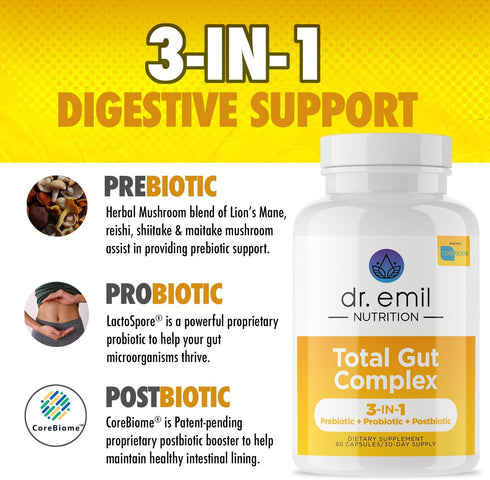 DR. EMIL NUTRITION Total Gut Health Complex - Prebiotic + Probiotic + Postbiotic Gut Health Supplements for Women and Men - Probiotics for Digesti...