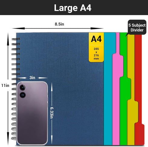 EUSOAR 5 Subject Notebook, 1pcs A4 11" x8-1/2 Spiral College Ruled Writing Pad, 100GSM 120Sheets/ 240Pages of Lined Paper, Thick Hardcover, for Jo...