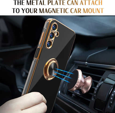Samsung Galaxy A25 5G Cellular Phone Case with Tempered Glass Screen Protector, Rose Gold Plated Edge, Magnetic Kickstand, Black...