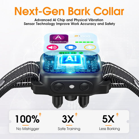 Dog Bark Collar, Next-Gen Physical Vibration Sensor Bark Collar, Anti Barking Training Collar with Intensity Beep Vibration Shock, Rechargeable Sm...