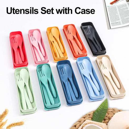 Reusable Travel Utensils Set with Case, 5 Sets Wheat Straw Portable Plastic Fork Spoons Knife Camping Cutlery, Eco-Friendly BPA Free Lunch Tablewa...
