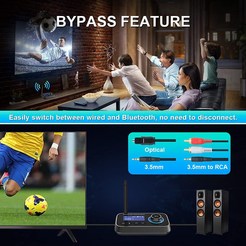 Bluetooth 5.0 Transmitter Receiver for 2 Headphones 2-in-1 Audio Adapter with Bypass Low Latency LCD Display ON/Off Switch Volume Control Optical ...