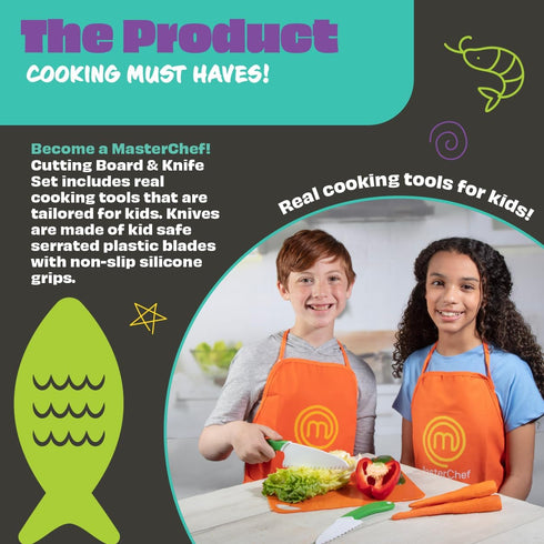 MasterChef Junior Knife and Cutting Board Set - Includes Real Cutting Tools for Kids and 15 Cooking Childrens Baking Recipes - Great for Homemade ...