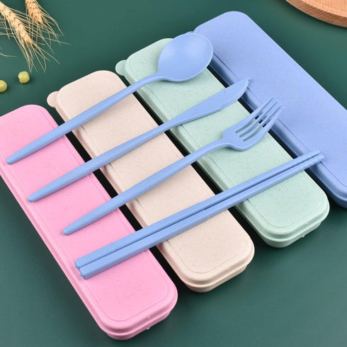 4 Sets Travel Utensils with Case, Reusable Utensils Set with Case, Wheat Straw Travel Chopsticks Knife Spoon and Fork Set, Portable Utensils Set w...